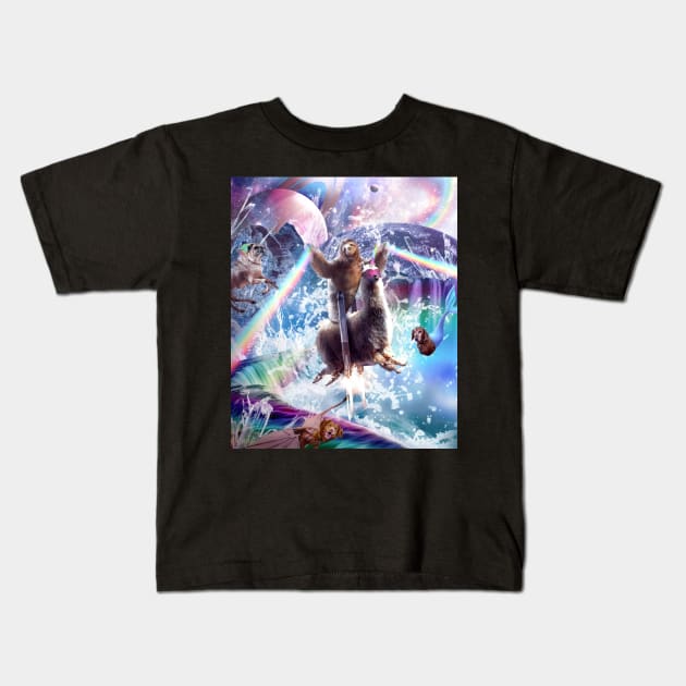 Rainbow Laser Sloth On Llama Unicorn In Space Kids T-Shirt by Random Galaxy